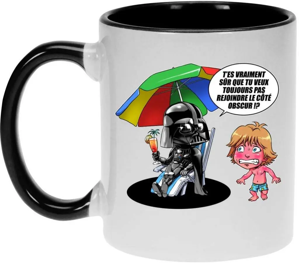 Mug Noir Star Wars parodique Luke Skywalker, Dark Vador et Le côté obscur : Le Pouvoir du côté Obscur.