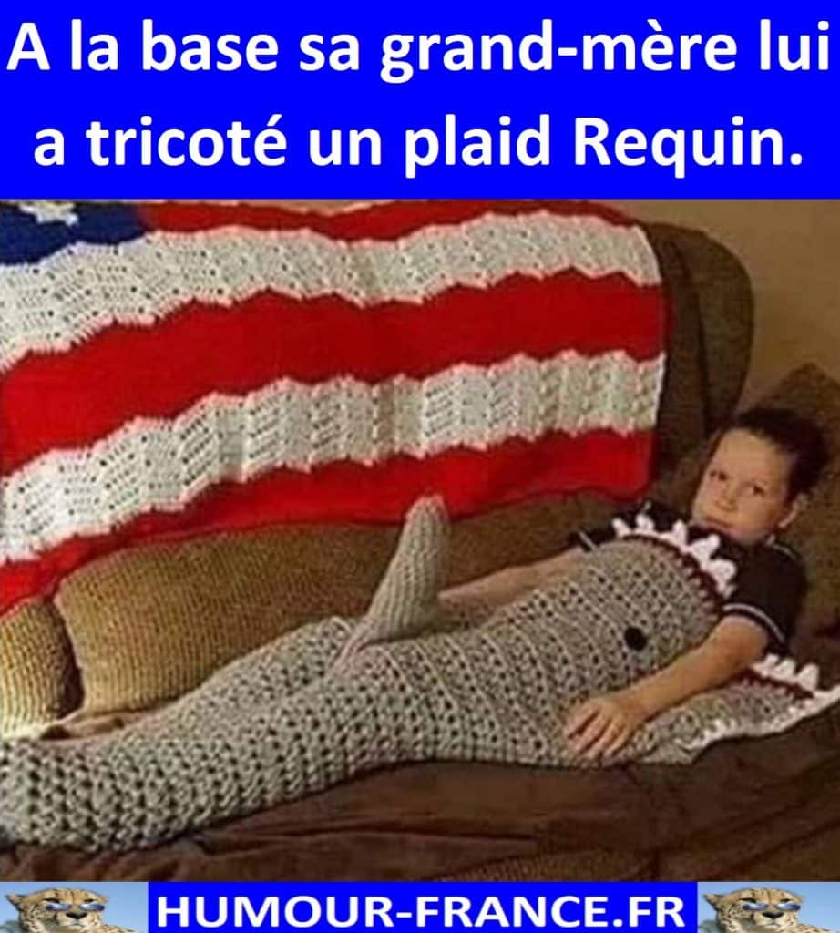 A la base sa grand-mère lui a tricoté un plaid Requin.