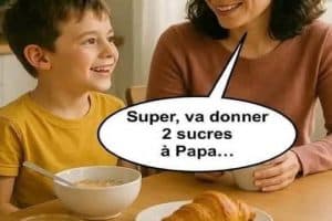 Maman, tu as vu J’ai donné un sucre au chien, il a bougé la queue !